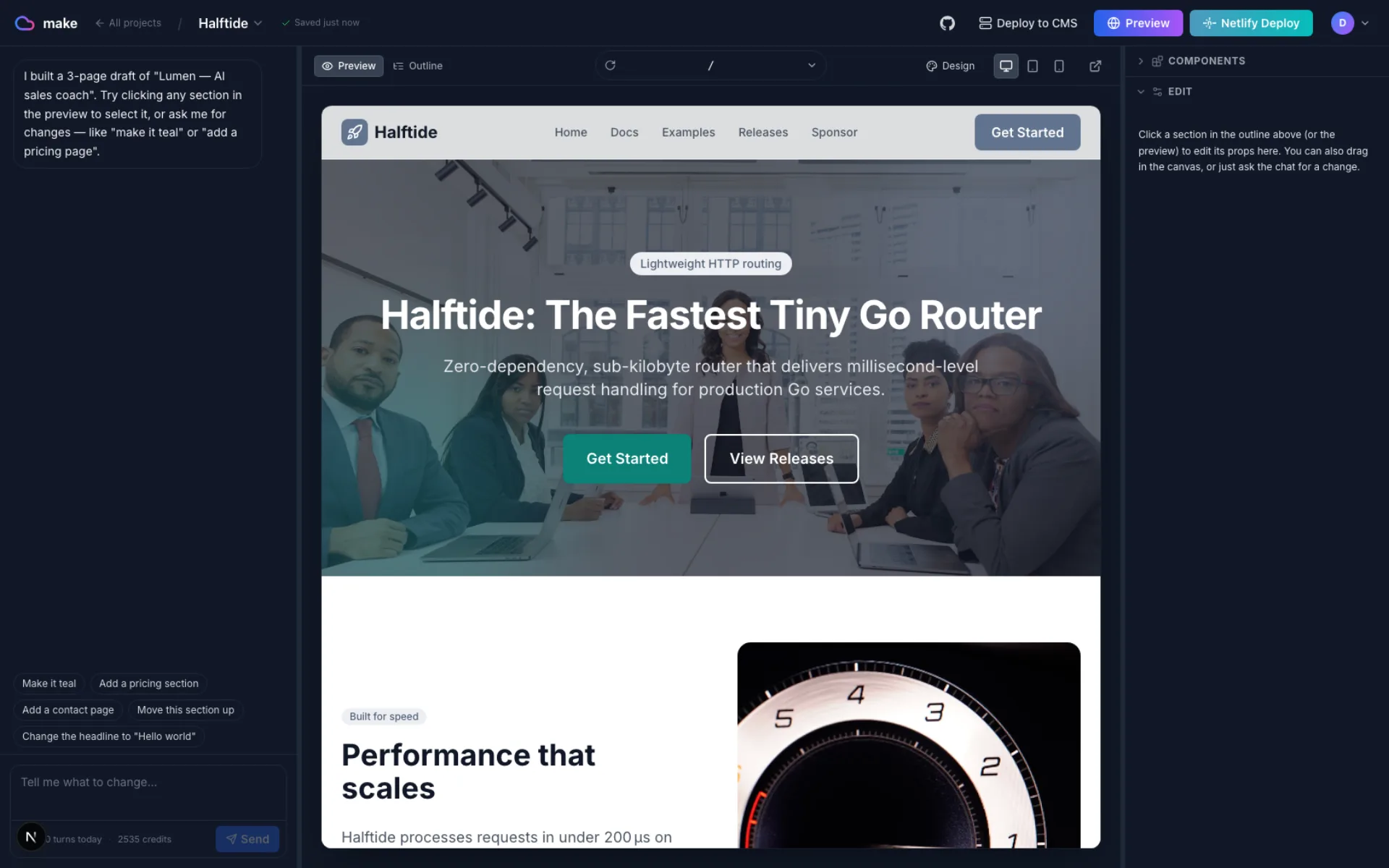 Make builder — chat panel on the left, live site preview on the right, inspector on the right. Building Halftide, an open-source Go router landing page.